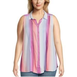 Terra & Sky Ombre Stripe/Orchid Bloom Women's Plus Size Pintuck Camp Shrit 4X